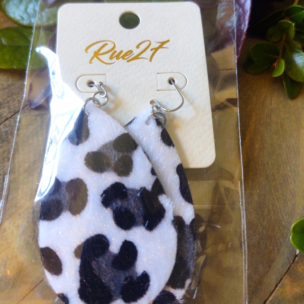 RUE 27 animal printed leatherette teardrop fish hook dangle drop earrings.